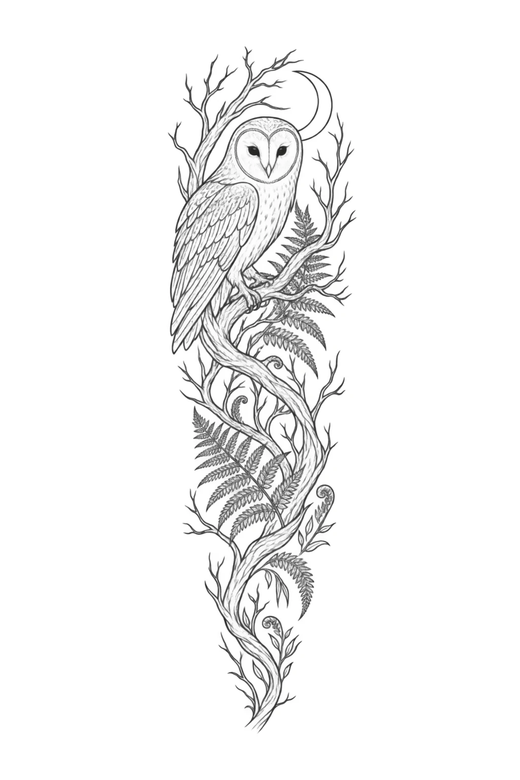 Ganzarm-Sleeve mit Eule und Farnen