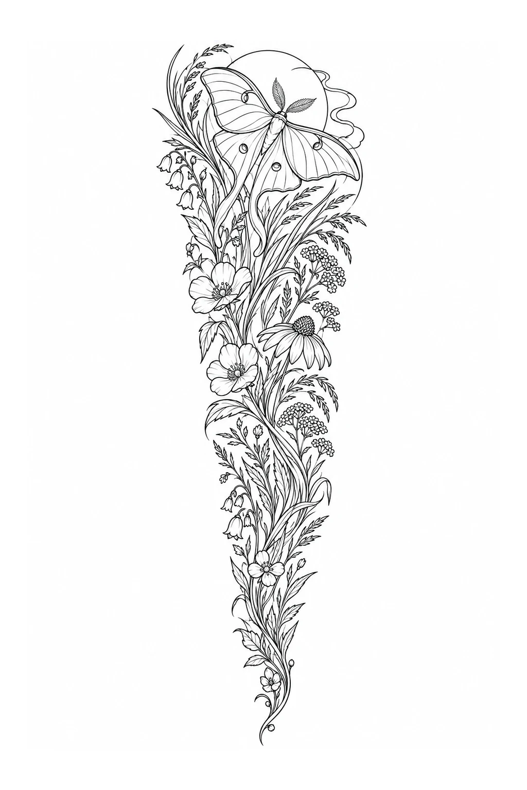 Ganzarm-Sleeve mit Nachtfalter und Wildblumen