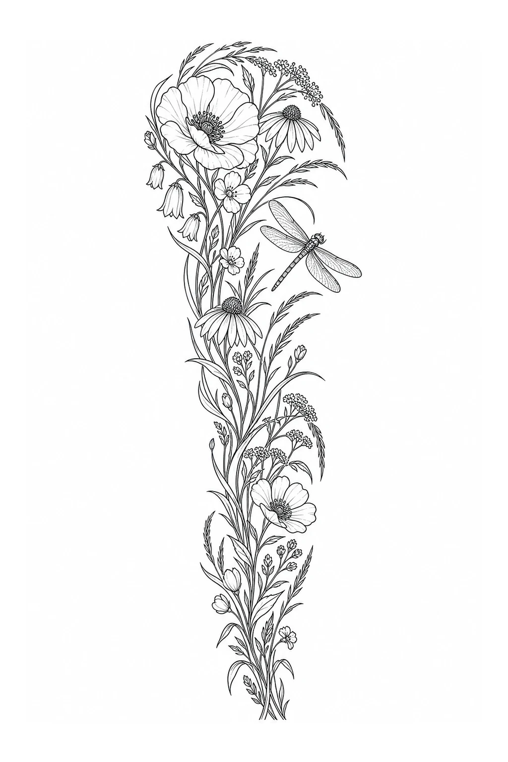 Ganzarm-Sleeve mit Wiesenblumen und Libelle