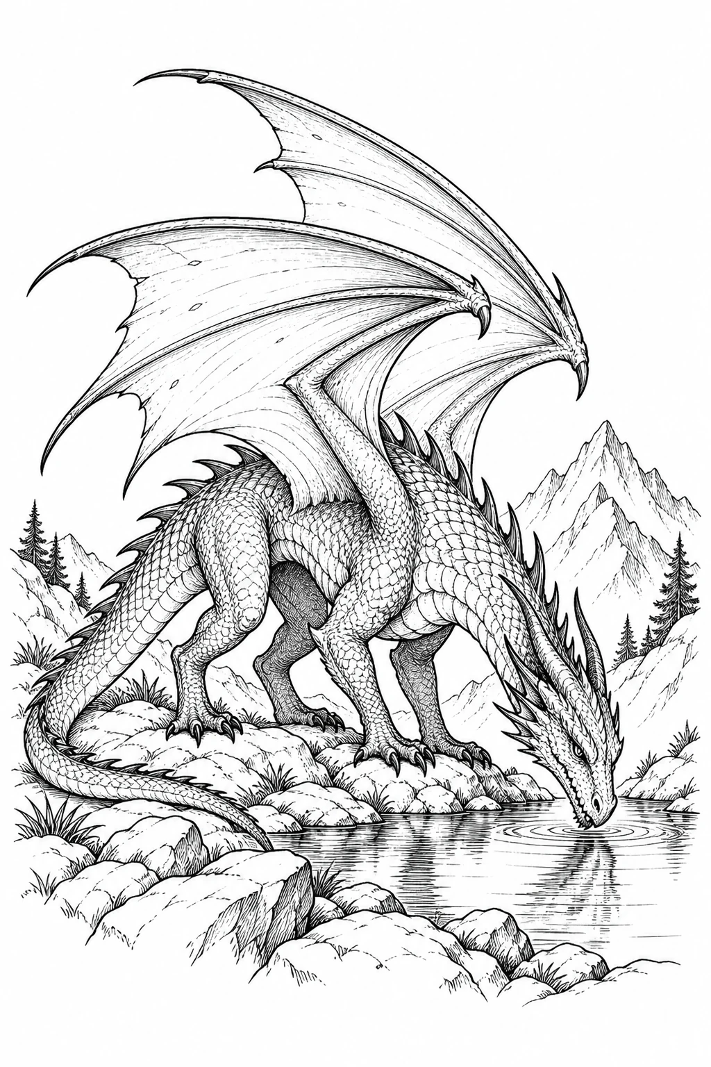 Drache trinkt am Bergsee