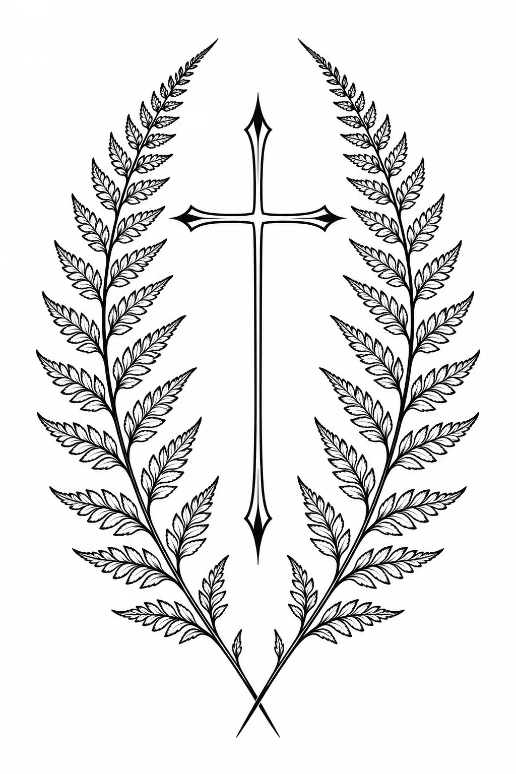 Schlankes Kreuz im Farnrahmen