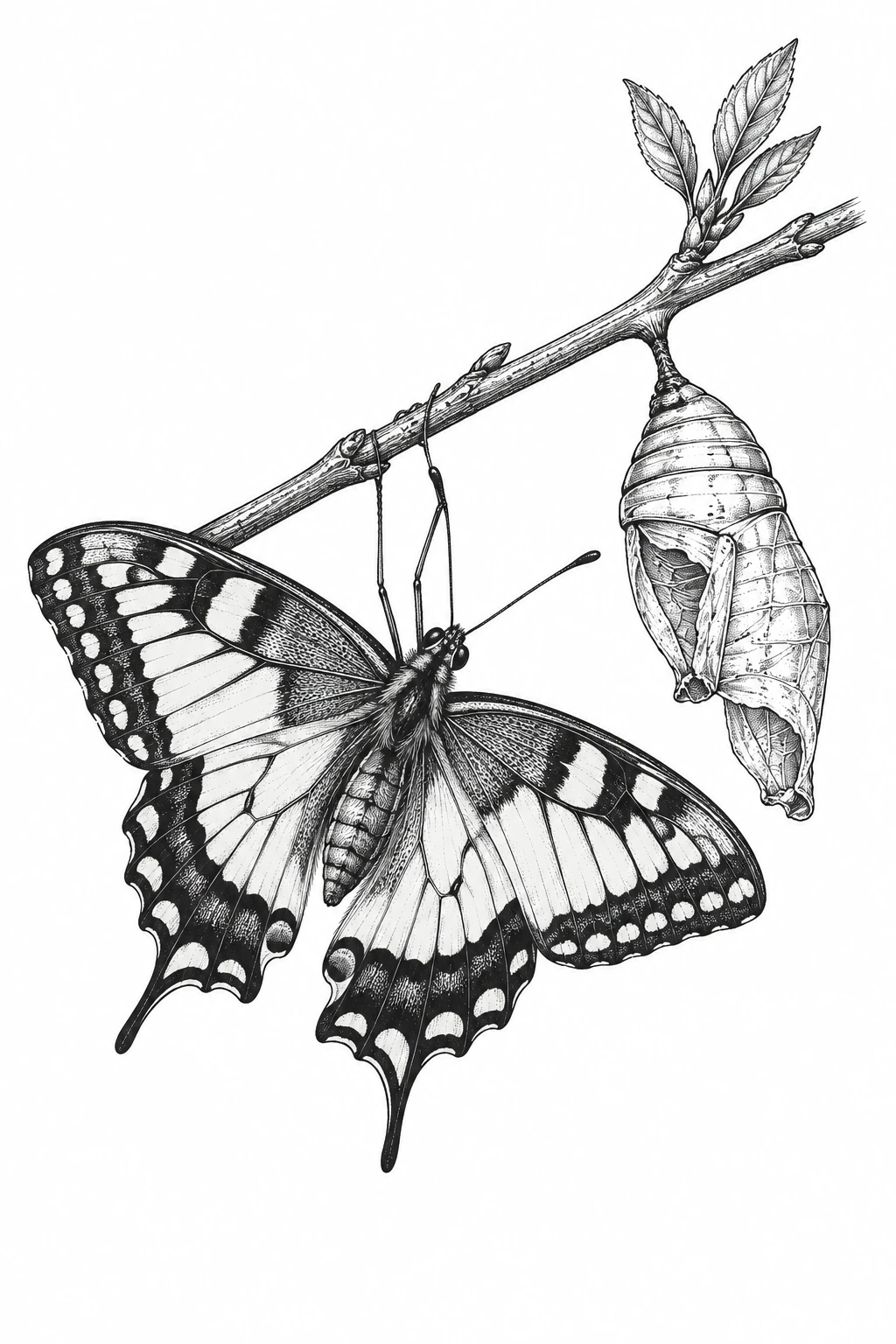 Schmetterling am leeren Kokon