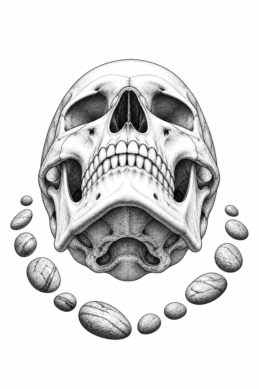 Totenkopf von unten mit Kieseln