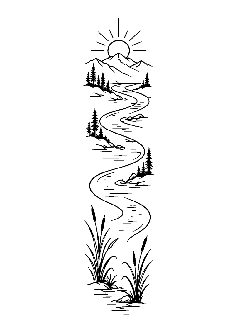 Flusslandschaft mit Sonne