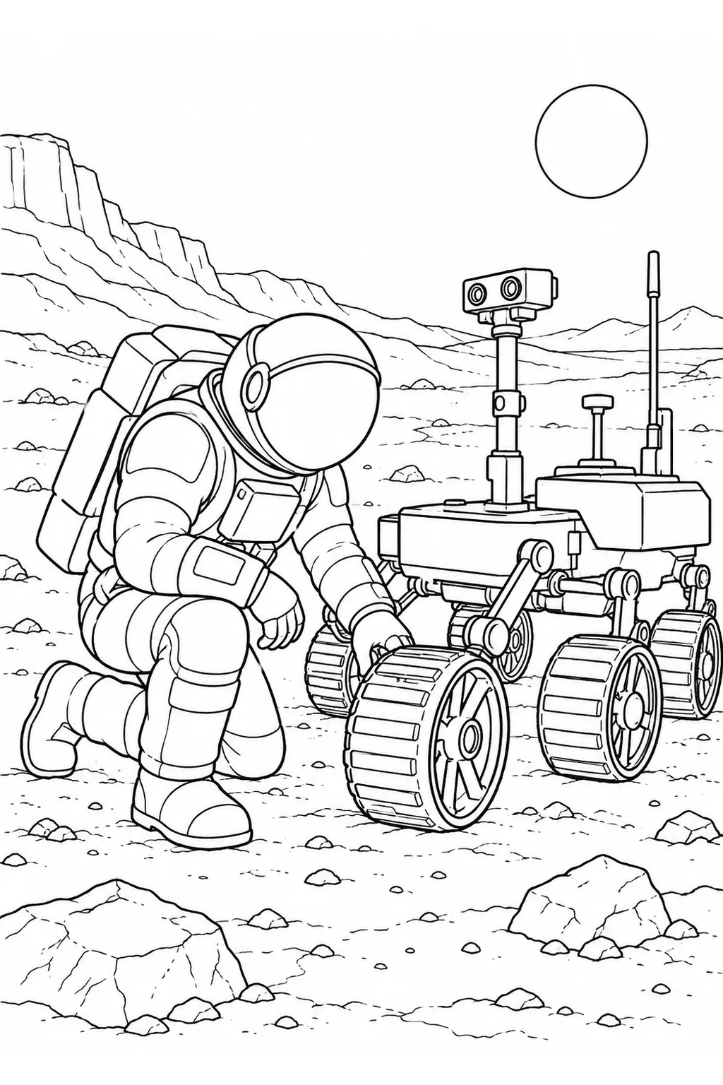 Astronaut prüft ein Roverrad