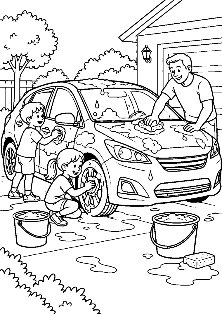 Familie wäscht das Auto