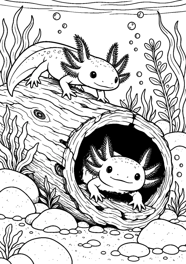 Axolotl am versunkenen Baumstamm