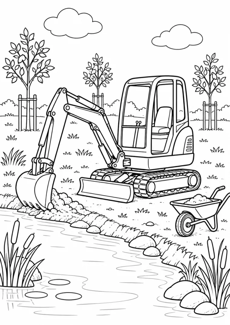 Minibagger am Parkteich