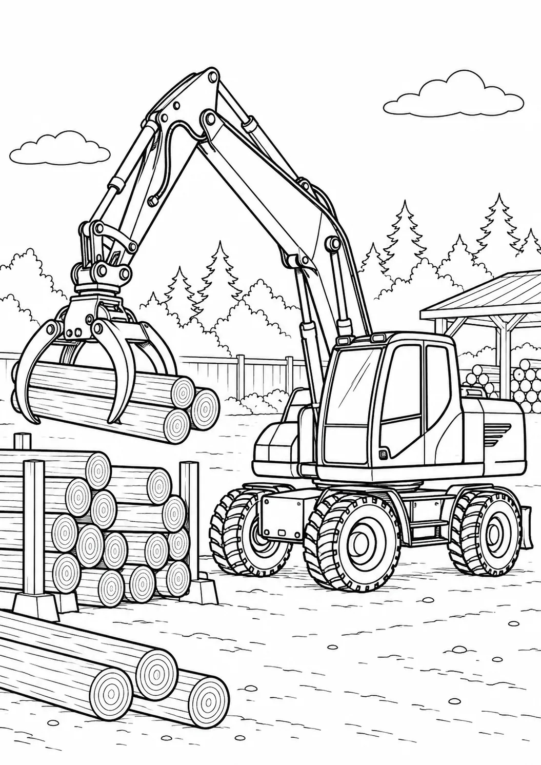 Mobilbagger stapelt Holz