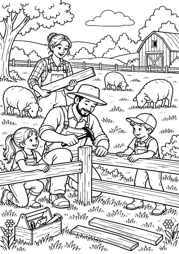 Familie repariert den Weidezaun