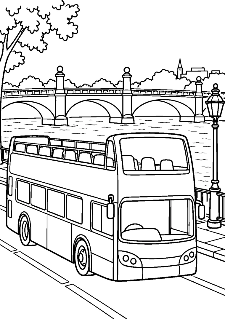 Doppeldeckerbus an der Flussbrücke