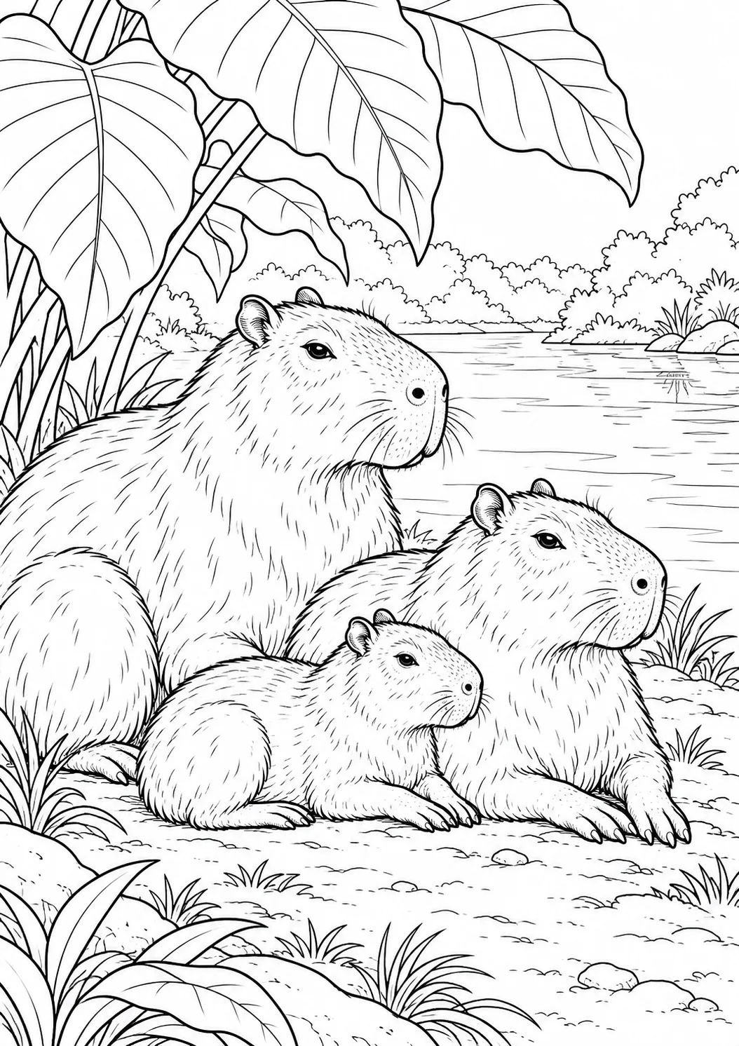 Capybara-Familie im Schatten