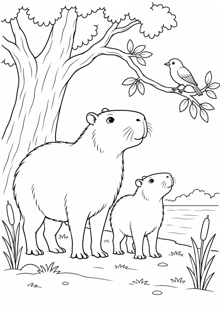 Capybara mit Jungtier am Ufer