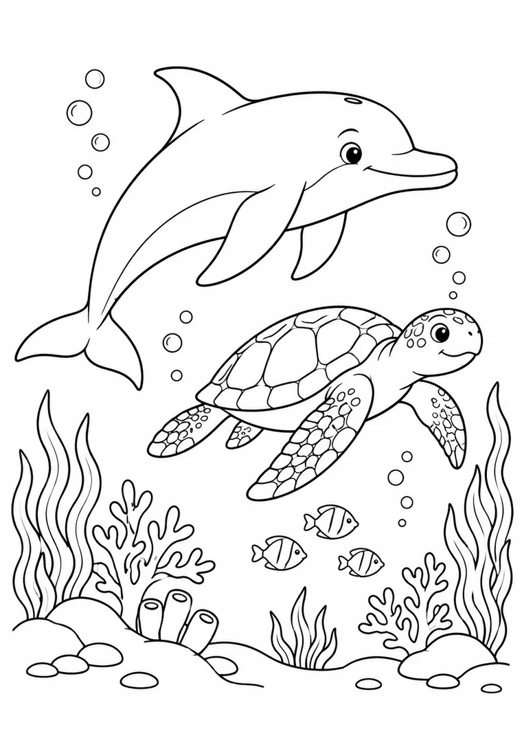 Delfin und Meeresschildkröte