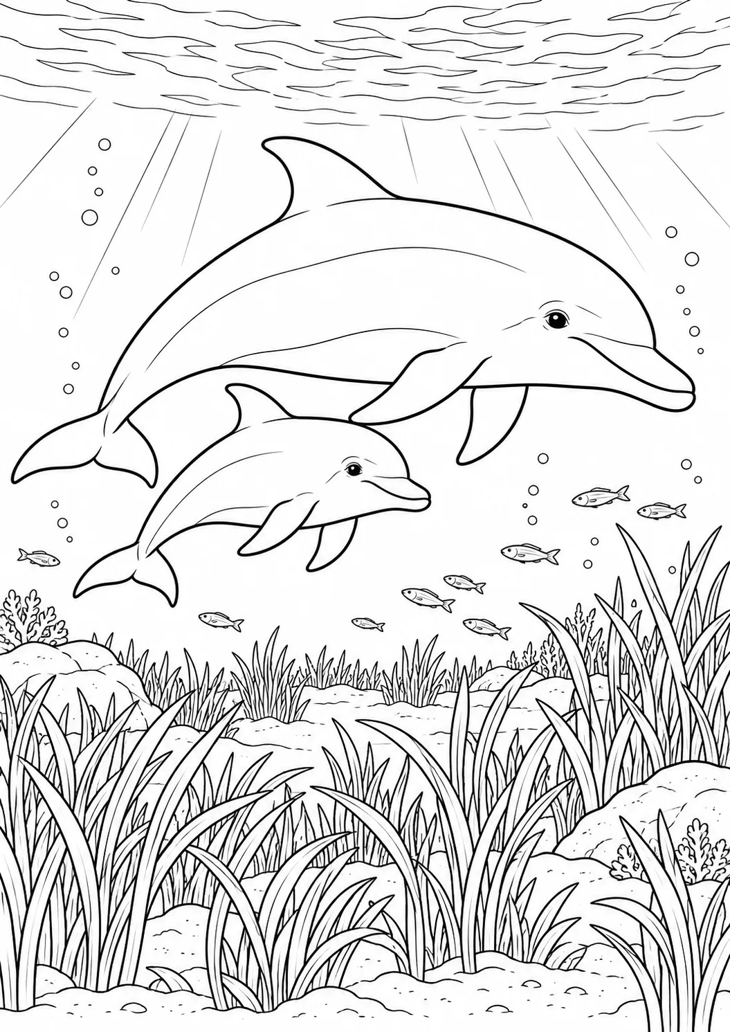 Delfinmutter mit Kalb über Seegras