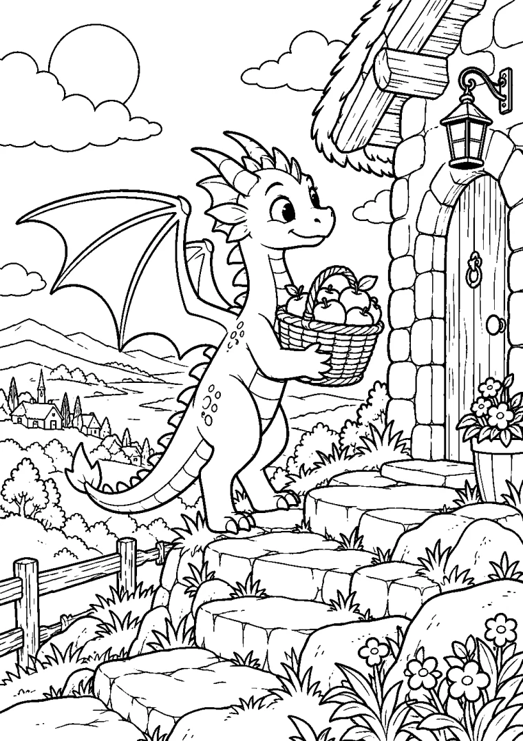 Drache bringt einen Apfelkorb