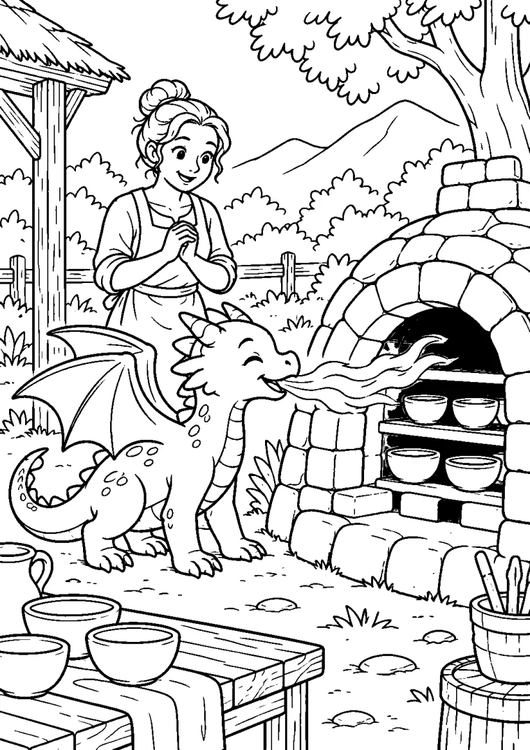 Drache hilft beim Töpfern