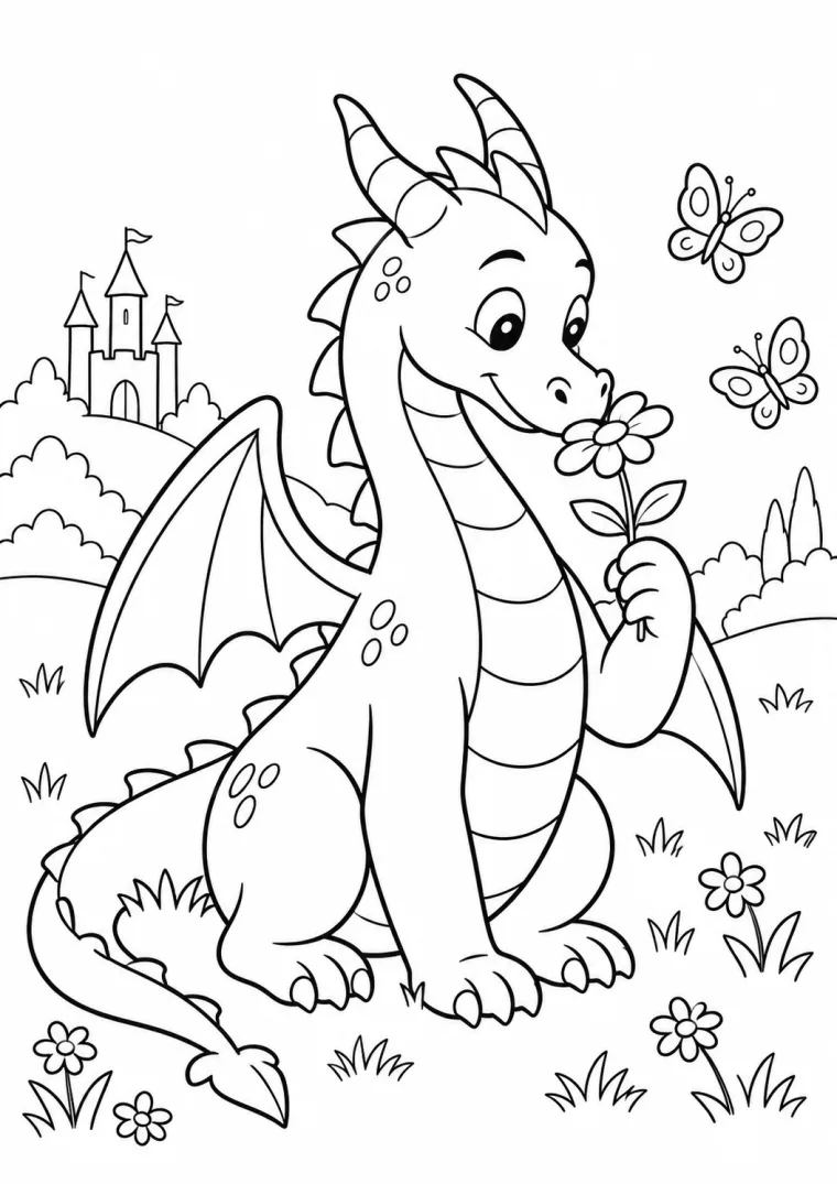 Drache mit Blume und Schmetterlingen