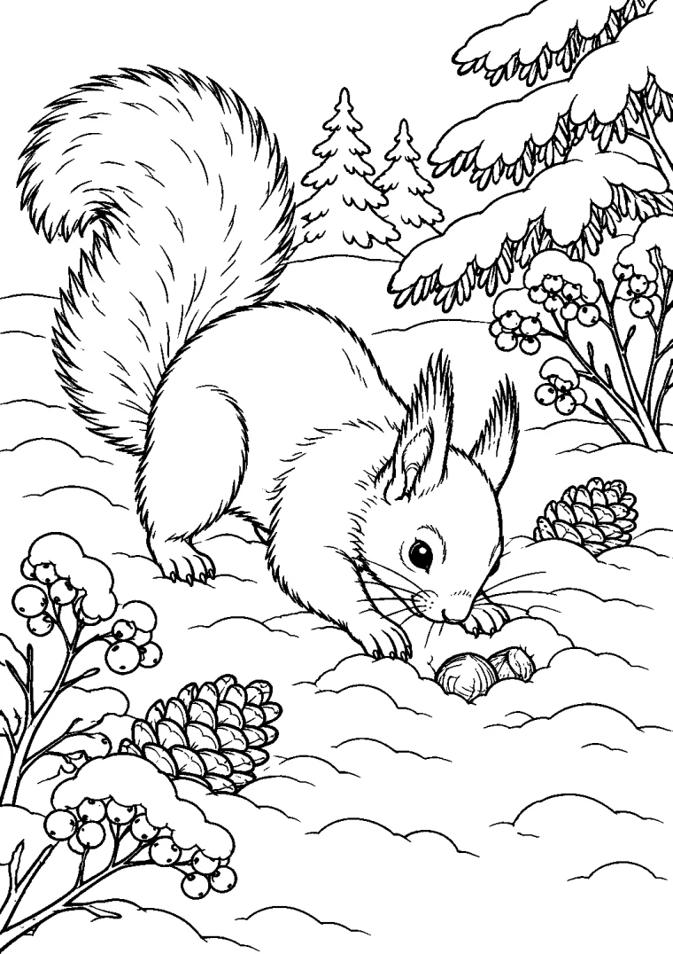 Eichhörnchen sucht Nüsse im Schnee