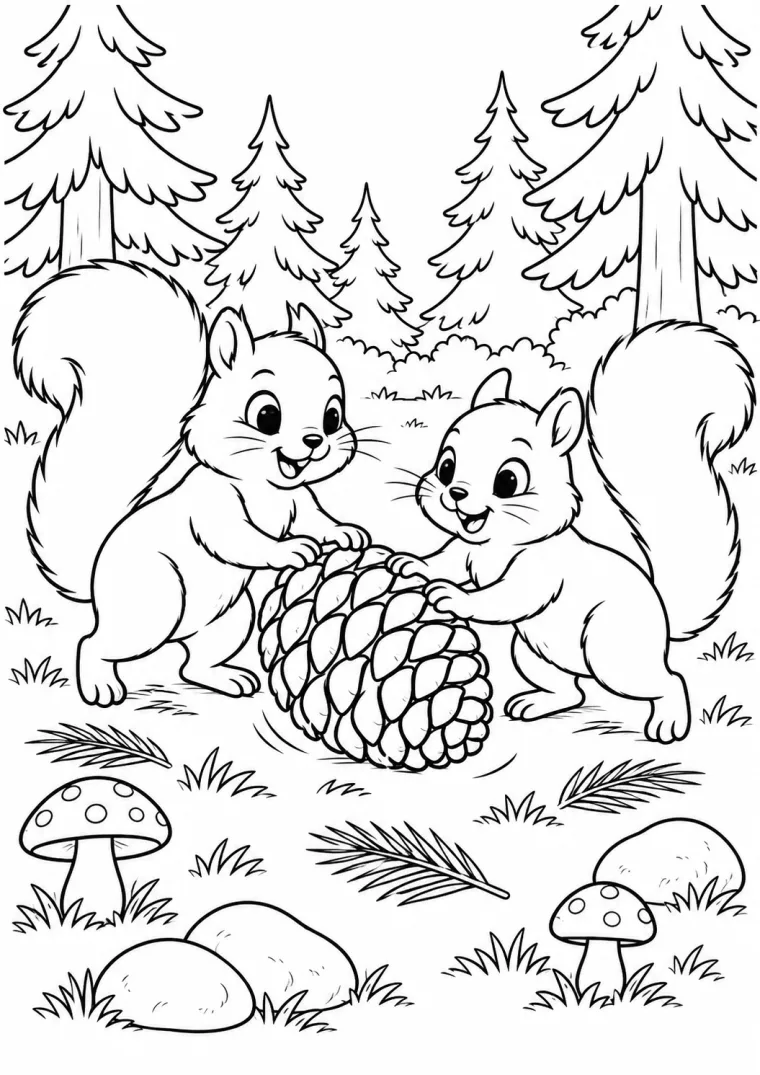 Zwei Eichhörnchen mit Zapfen