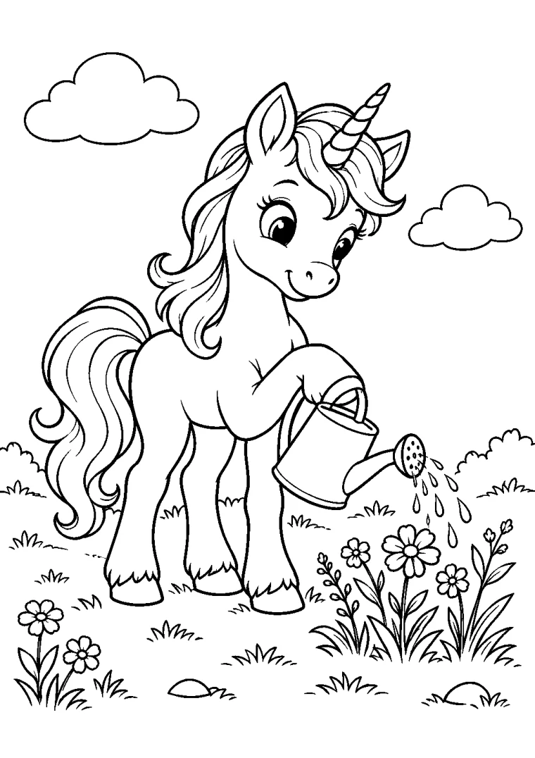 Einhorn gießt Wildblumen