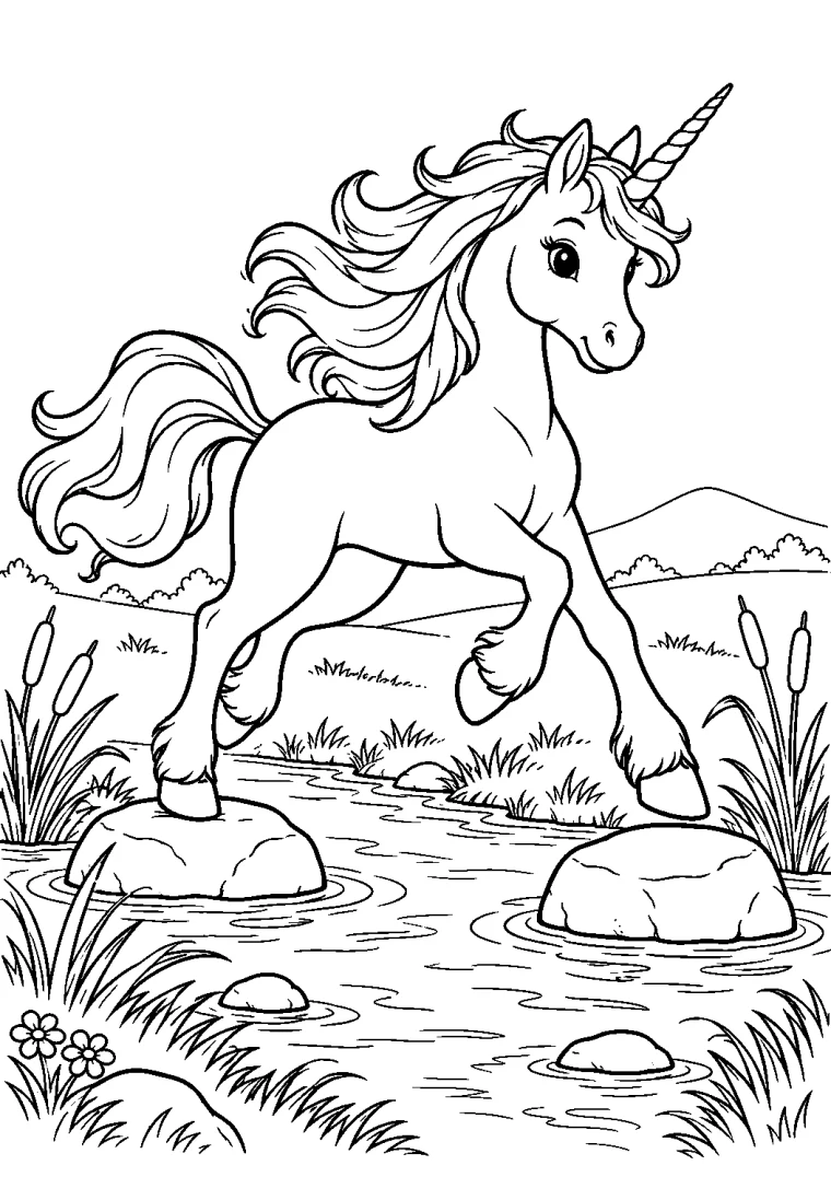 Einhorn springt über einen Bach