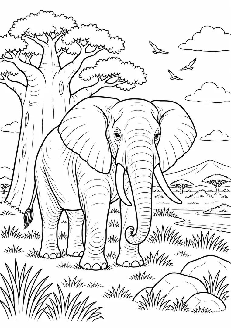 Elefant am großen Baum