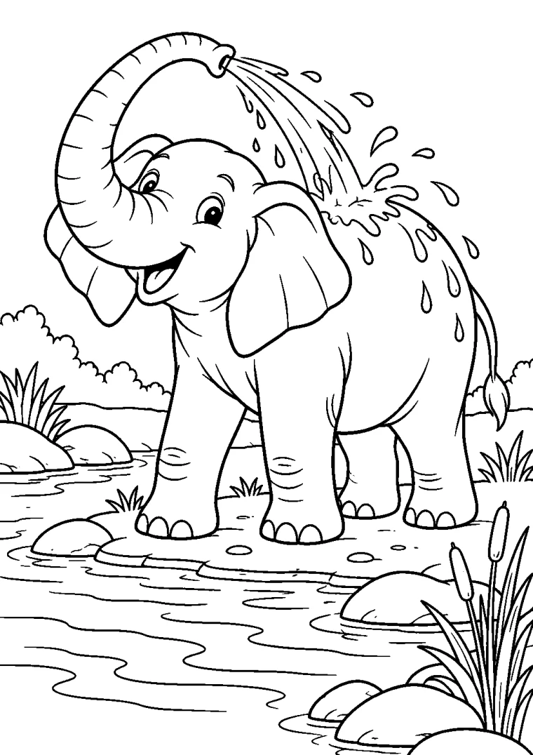 Elefant duscht am Flussufer