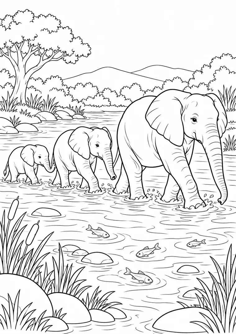 Elefantenfamilie am Fluss