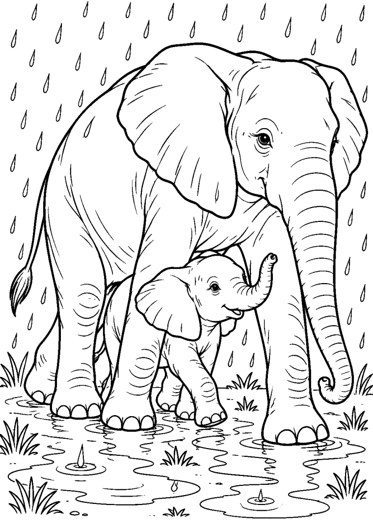 Elefantenkalb im Regenschutz
