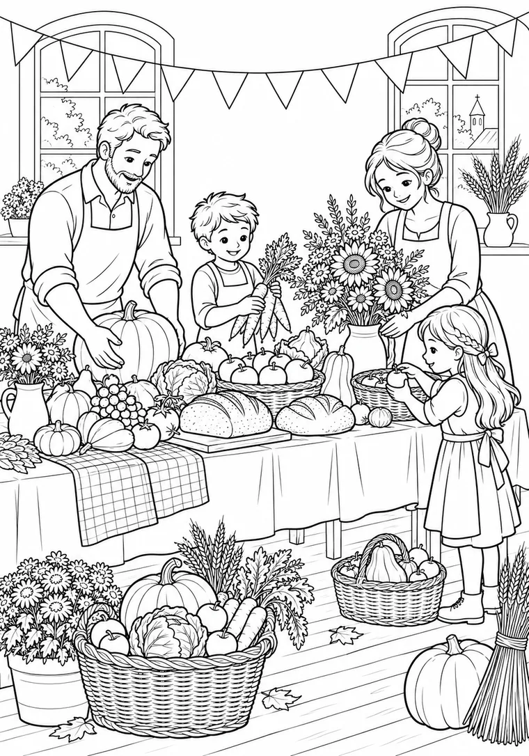 Familie deckt den Erntetisch
