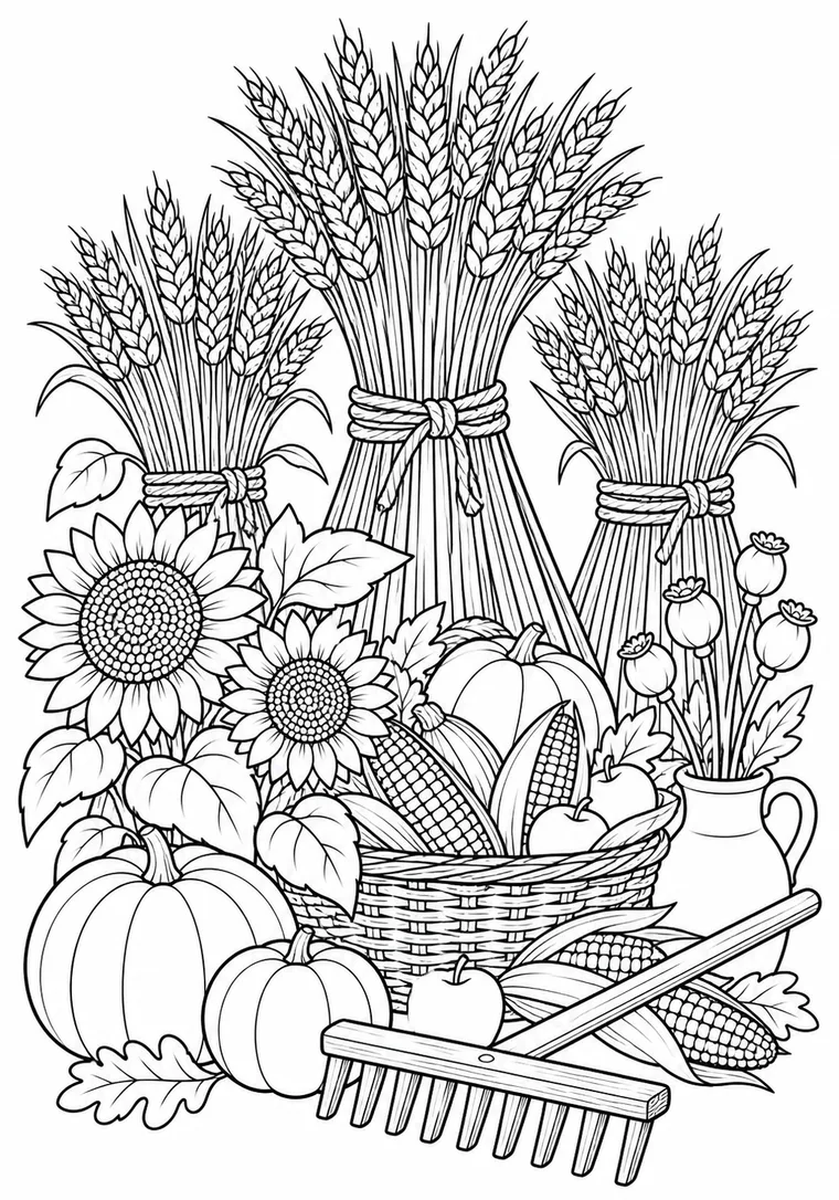 Getreidegarben und Sonnenblumen