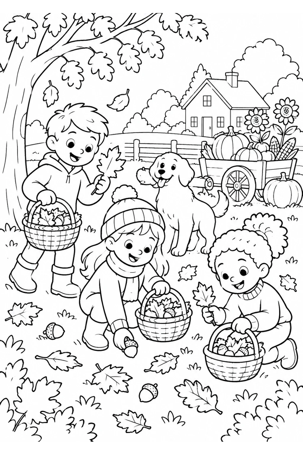 Kinder sammeln Blätter und Eicheln