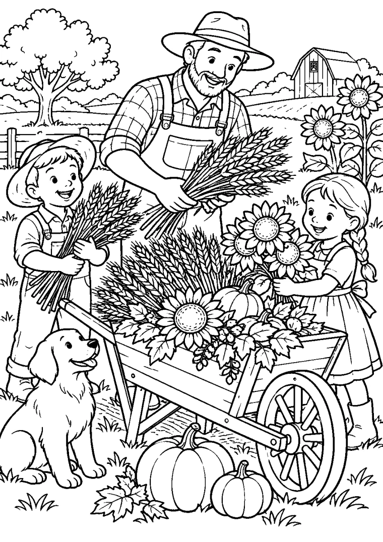 Weizen und Sonnenblumen im Handwagen