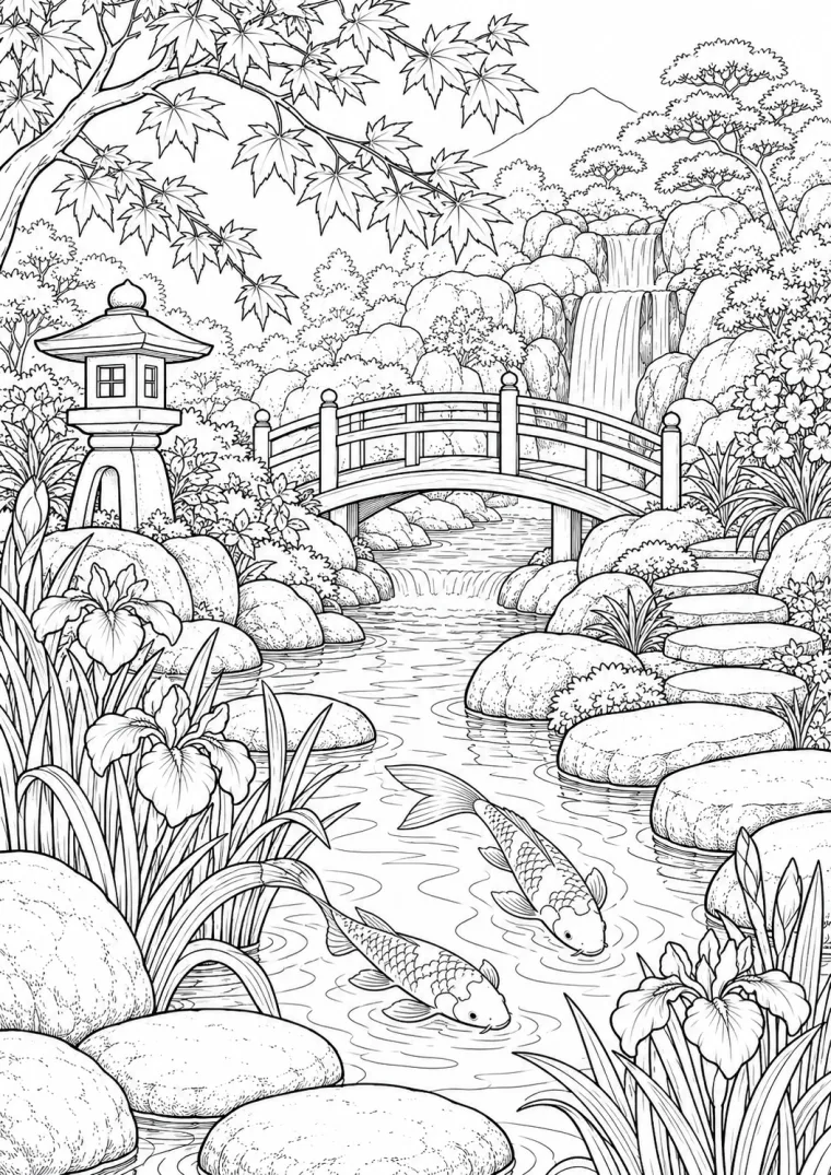 Garten mit Brücke und Koi