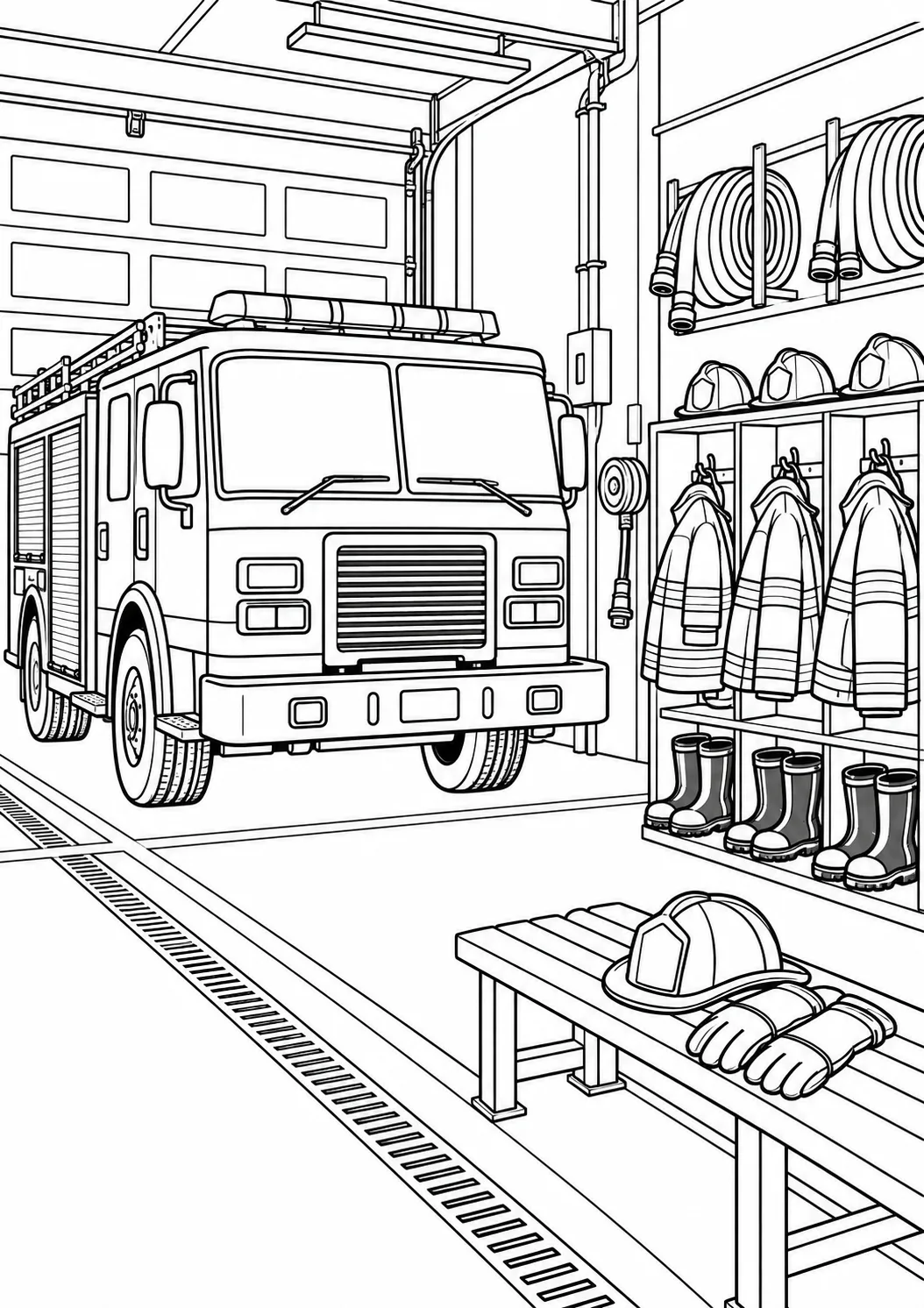 Feuerwehrgarage mit Ausrüstung