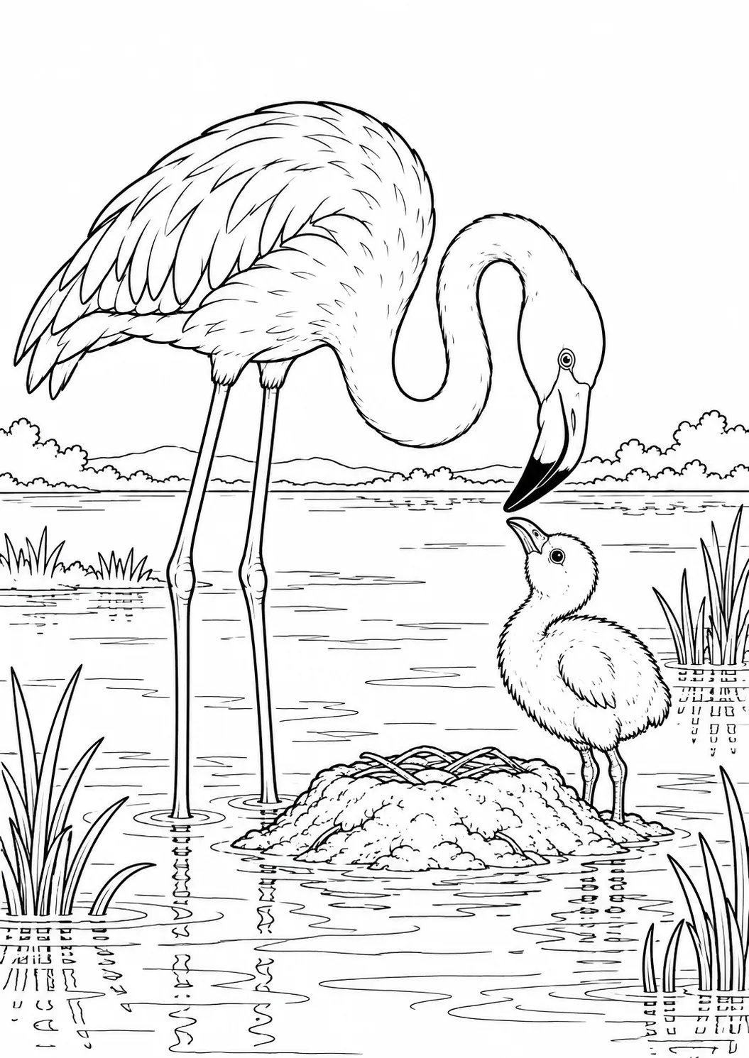 Flamingo mit Küken am Nest