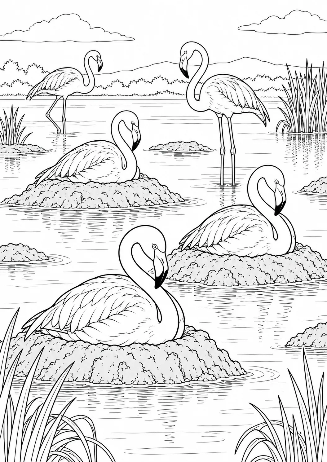 Flamingokolonie mit Schlammnestern