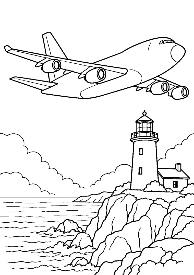 Frachtflugzeug über dem Leuchtturm