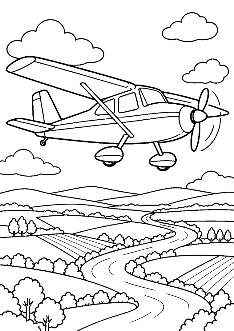 Propellerflugzeug über Feldern