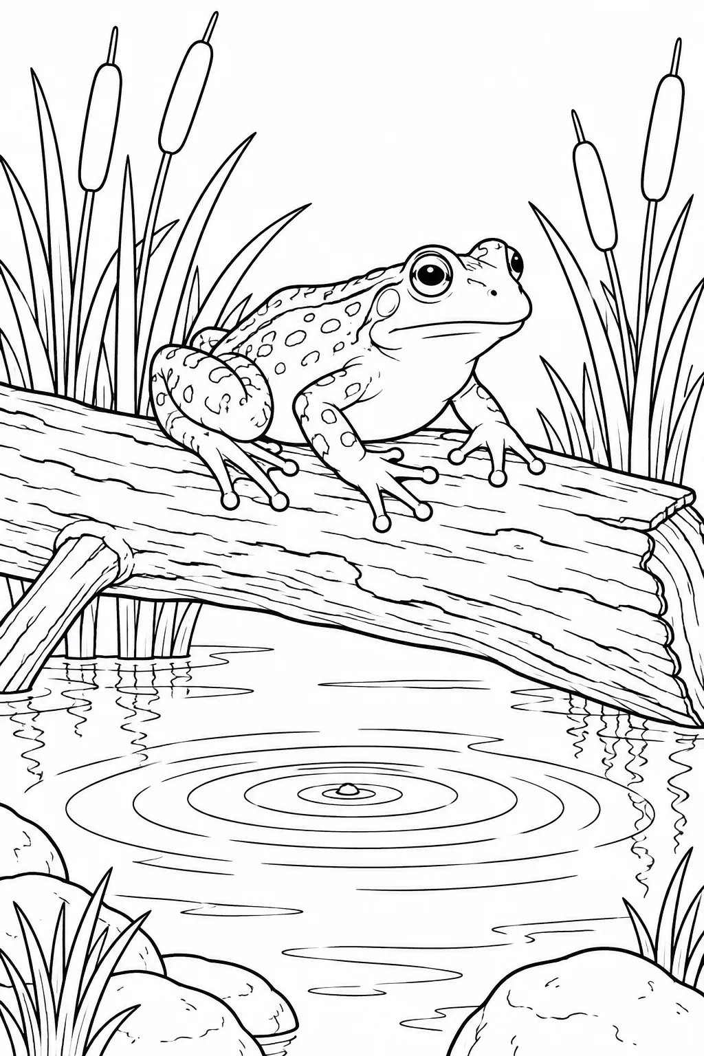 Frosch auf einem Baumstamm am Teich