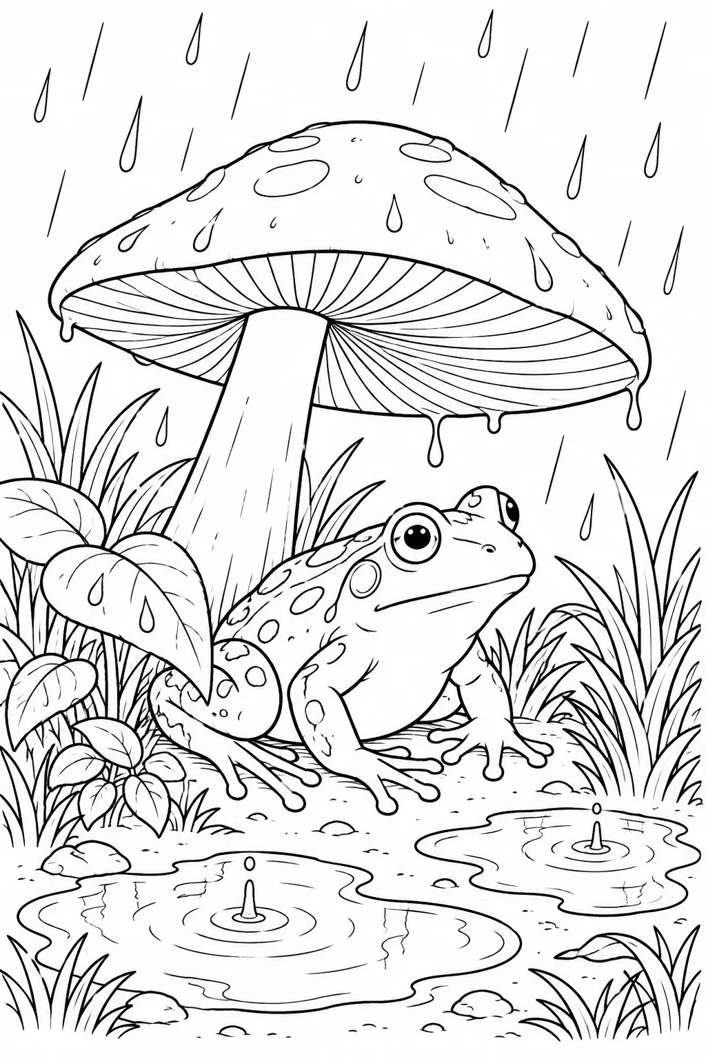 Frosch unter einem Pilz im Regen