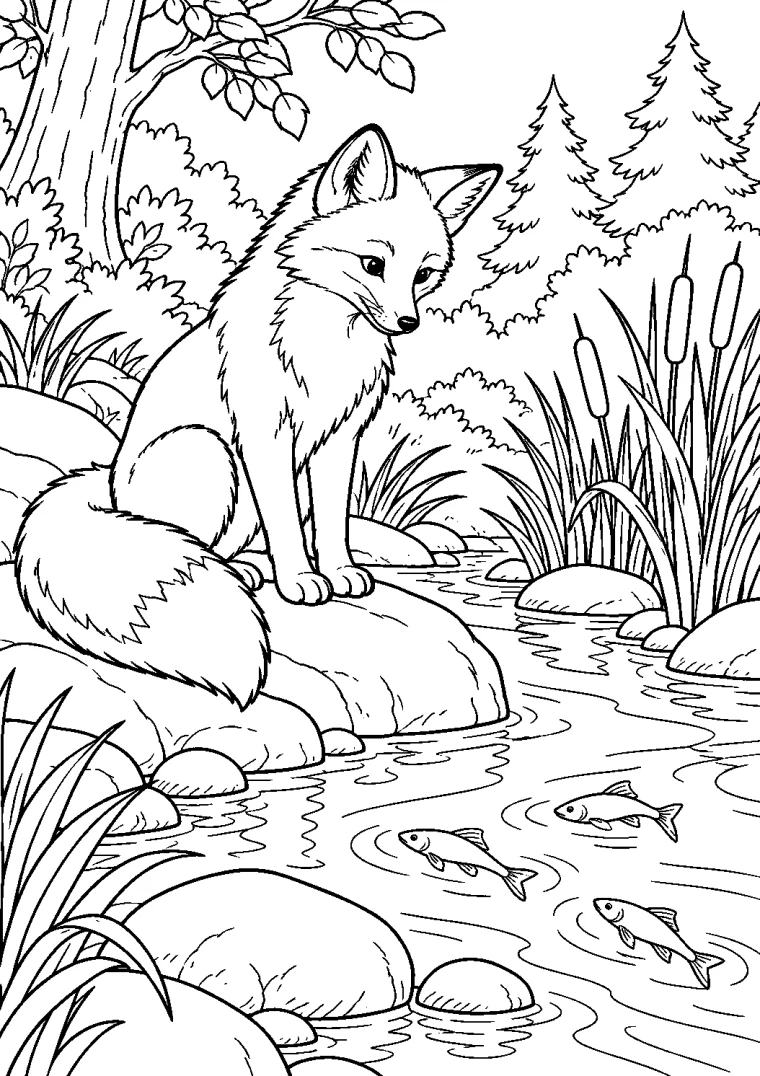 Fuchs beobachtet Fische am Bach