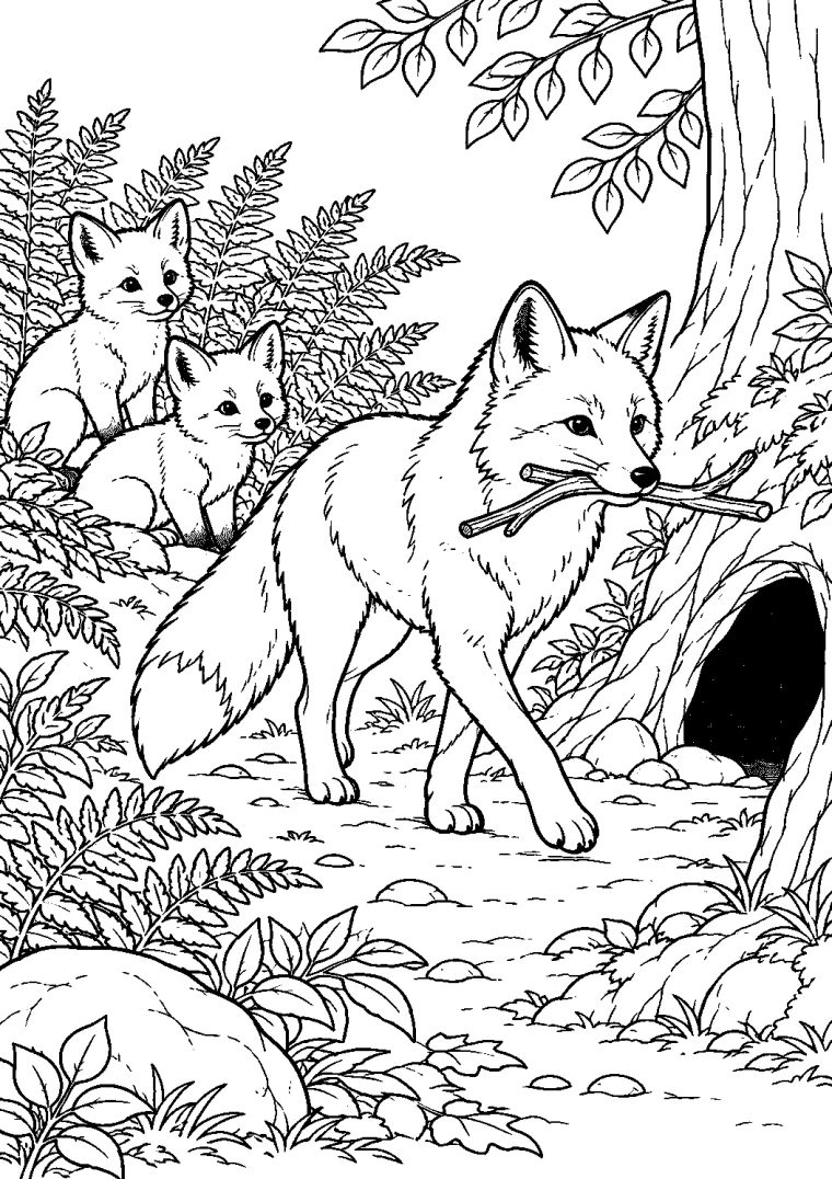 Fuchs trägt einen Zweig zum Bau