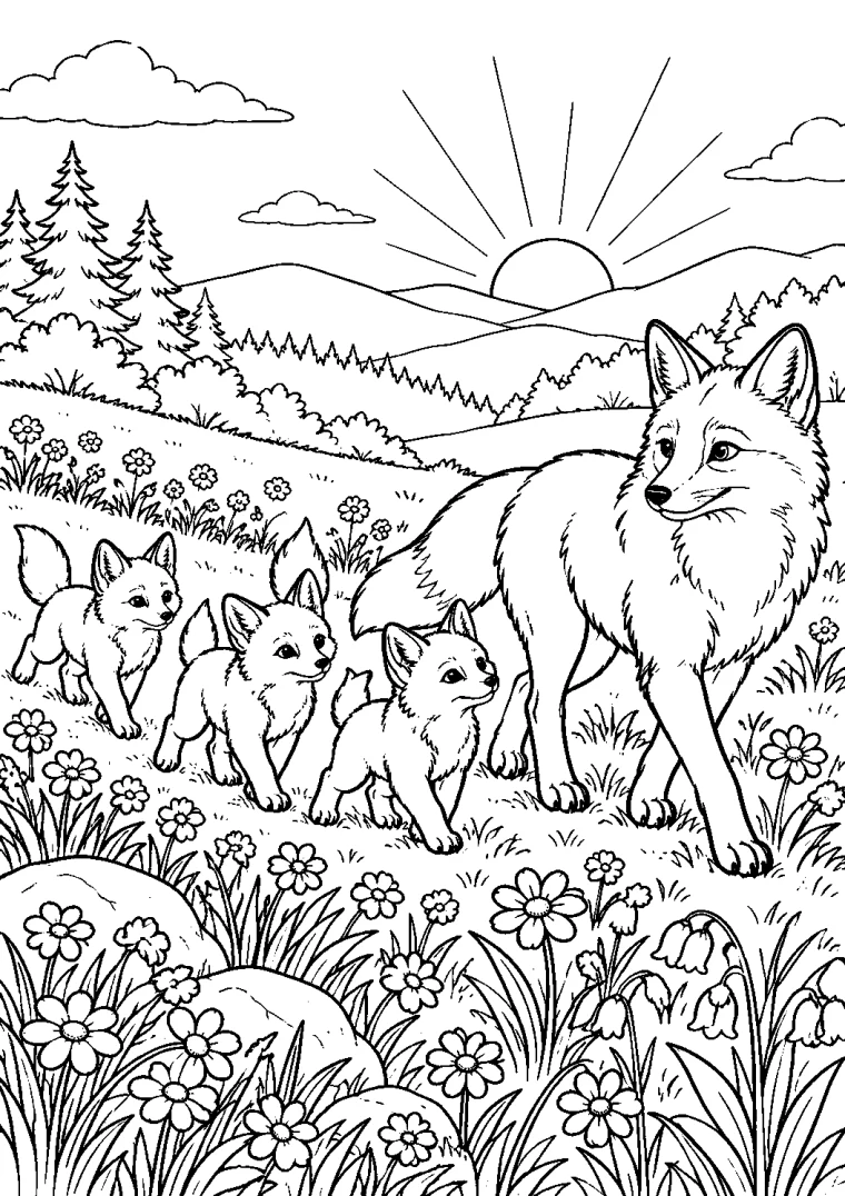 Fuchsfamilie auf der Blumenwiese