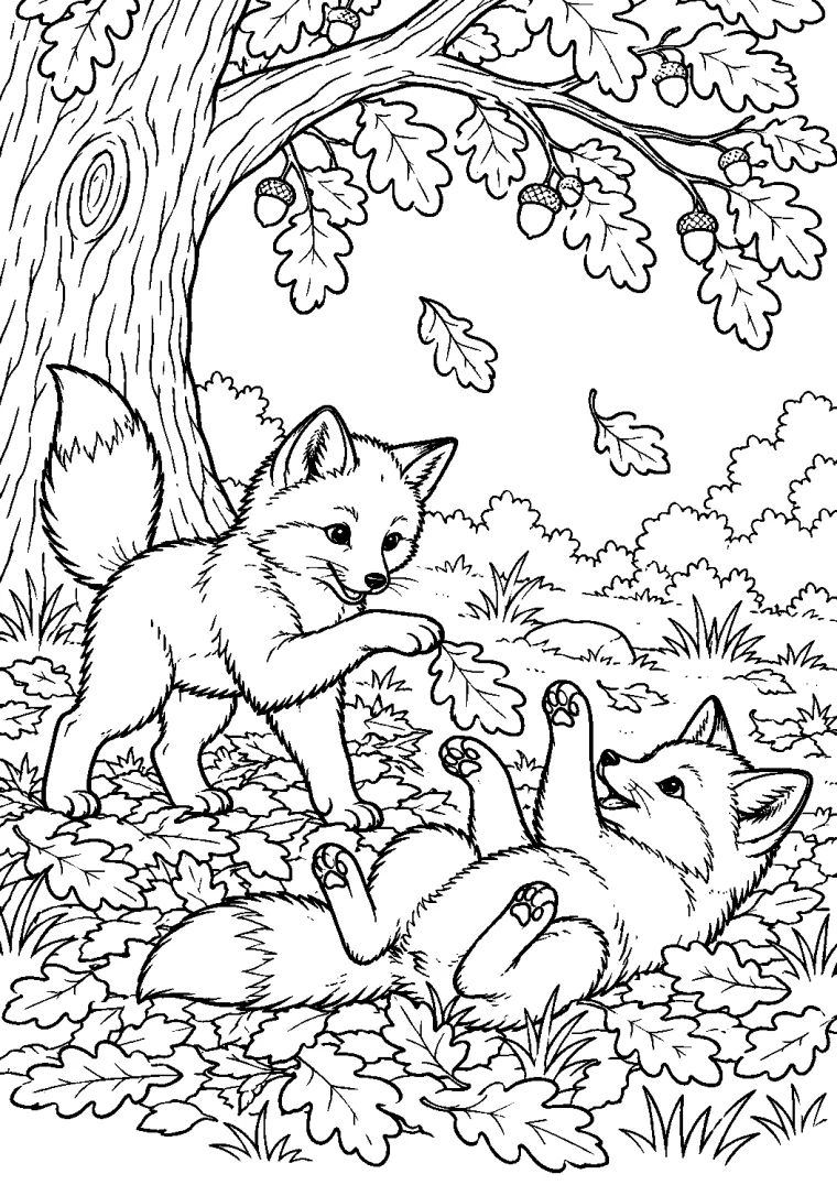 Fuchskinder spielen im Herbstlaub