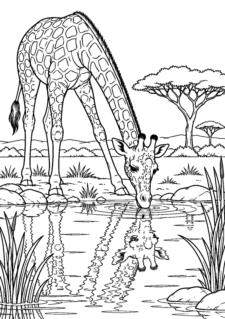 Giraffe trinkt am Savannenteich