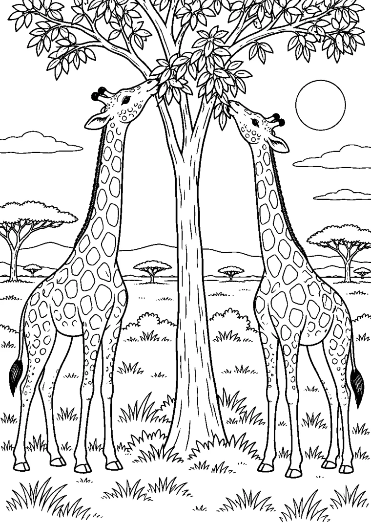 Giraffen teilen Blätter am Baum
