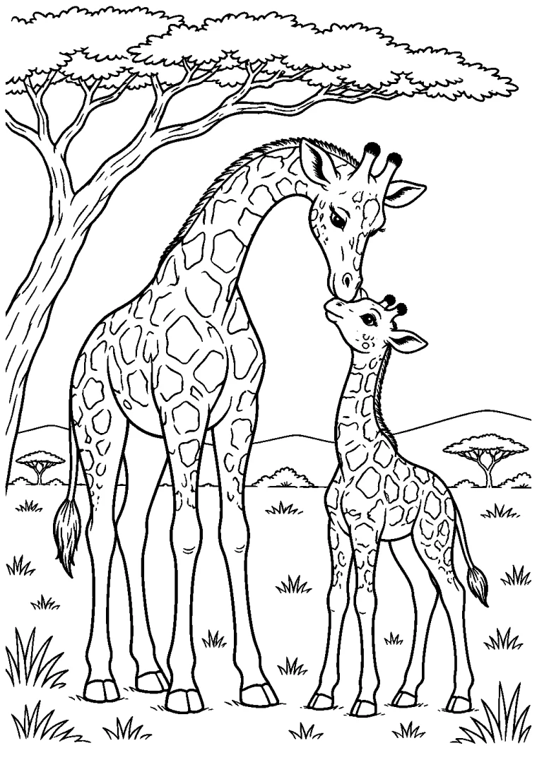 Giraffenmutter und Kalb unter der Akazie