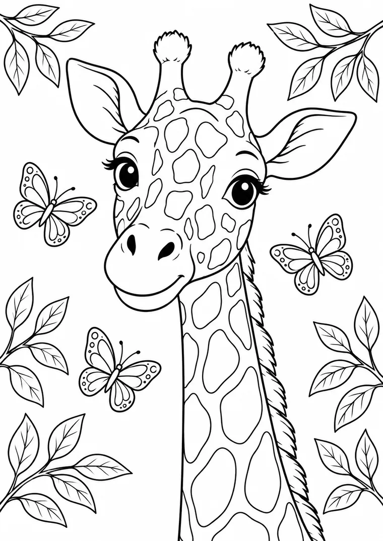 Giraffenporträt mit Schmetterlingen